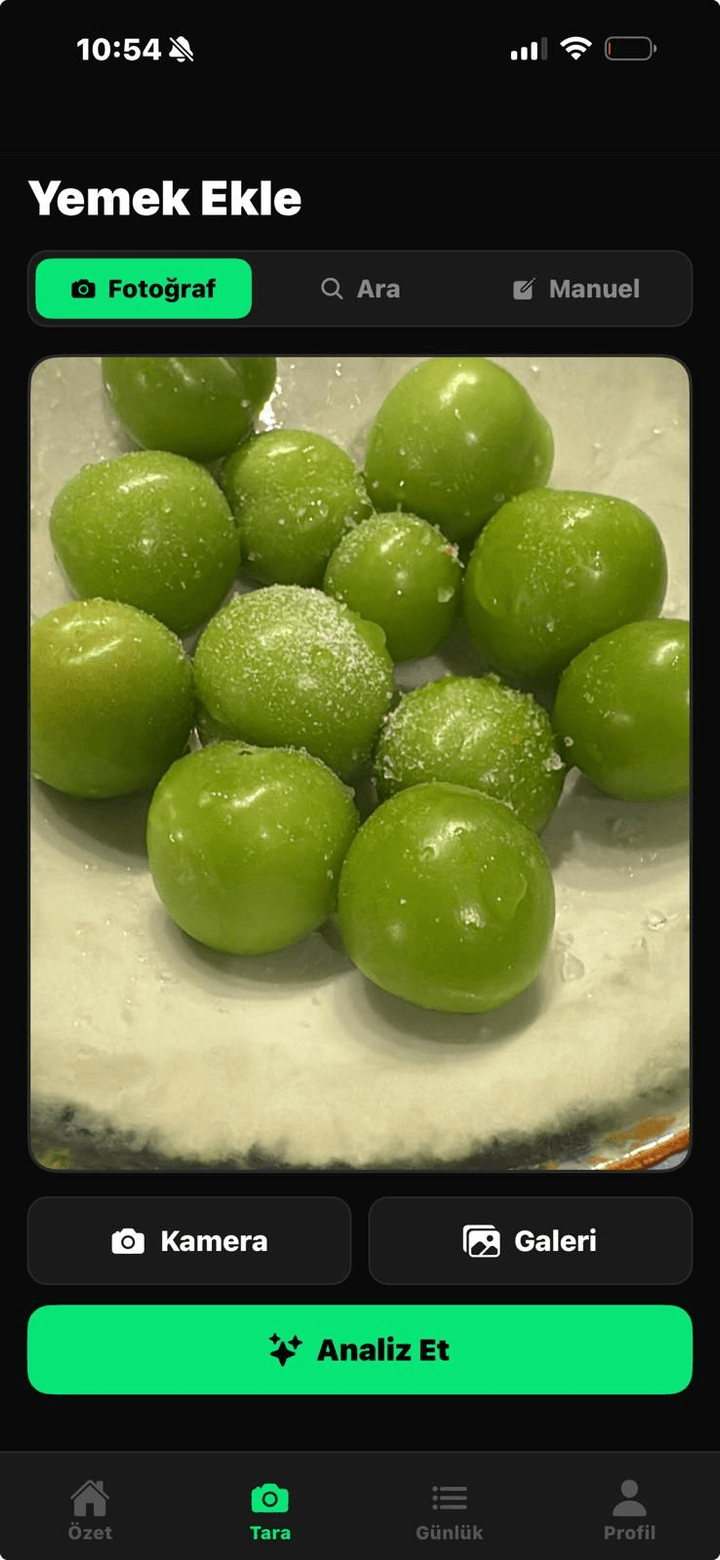 Kalorita yemek tarama ekranı